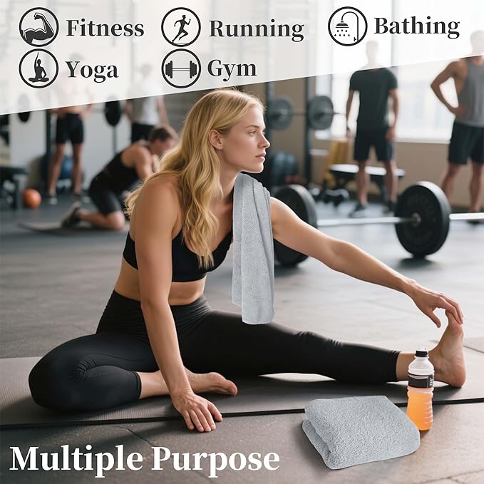 Workout Towels for Gym (2PC, 15"x40") - Sweat Towel for Men & Women, Sports Hand Towel for Yoga, Shower, Tennis, Running, Exercise & Fitness - 100% Cotton, Breathable, Soft & Absorb, Light Gray