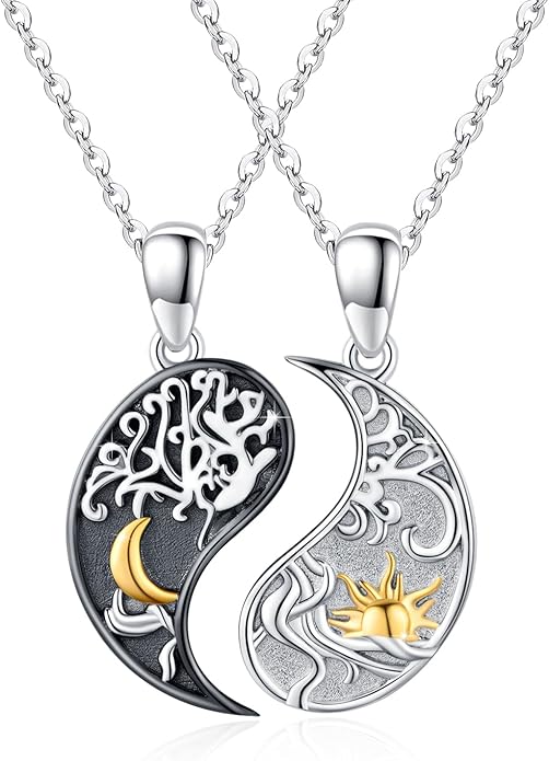 Yin Yang Necklaces 925 Sterling Silver Friendship Sun Moon/Mountain/Dolphin/Tree of Life/Flower/Wings Pendant Necklace Moonstone Abalone Opal Jewelry for Women Men Couples