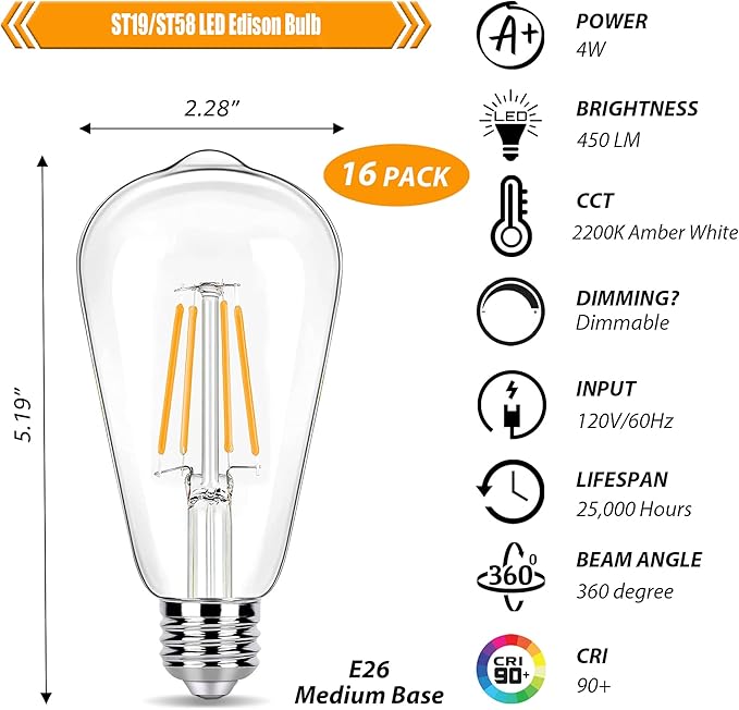 16 Pack LED Edison Bulbs 40W Equivalent, Dimmable 4 Watt Filament Bulb, 2200K Amber White ST19 Light Bulb, 450LM E26 Vintage LED Bulbs for Ceiling Light Fixtures