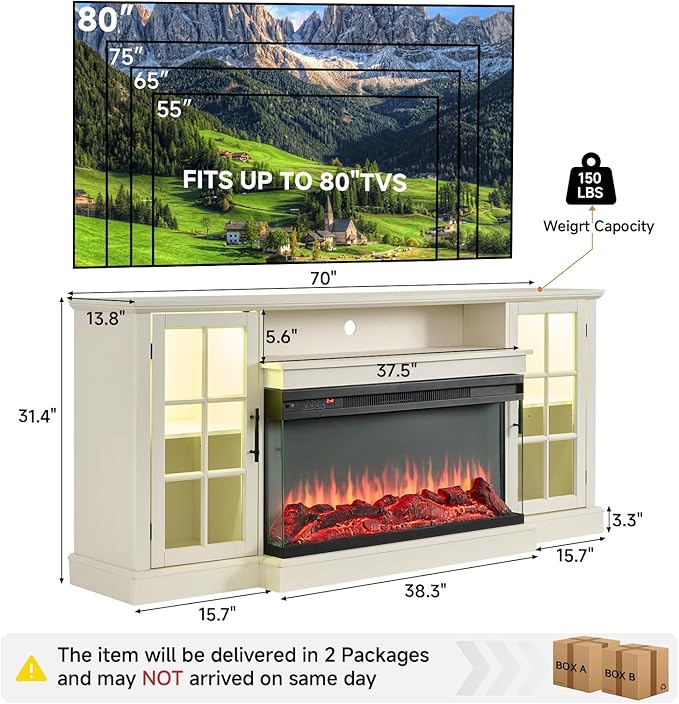 ROCKPOINT 3 Sided Glass 70" Fireplace TV Stand for TVs up to 80inch, Media Entertainment Center with Glass Door Storage Cabinet,36" Electric Fireplace with LED Light and Flame Colors, White