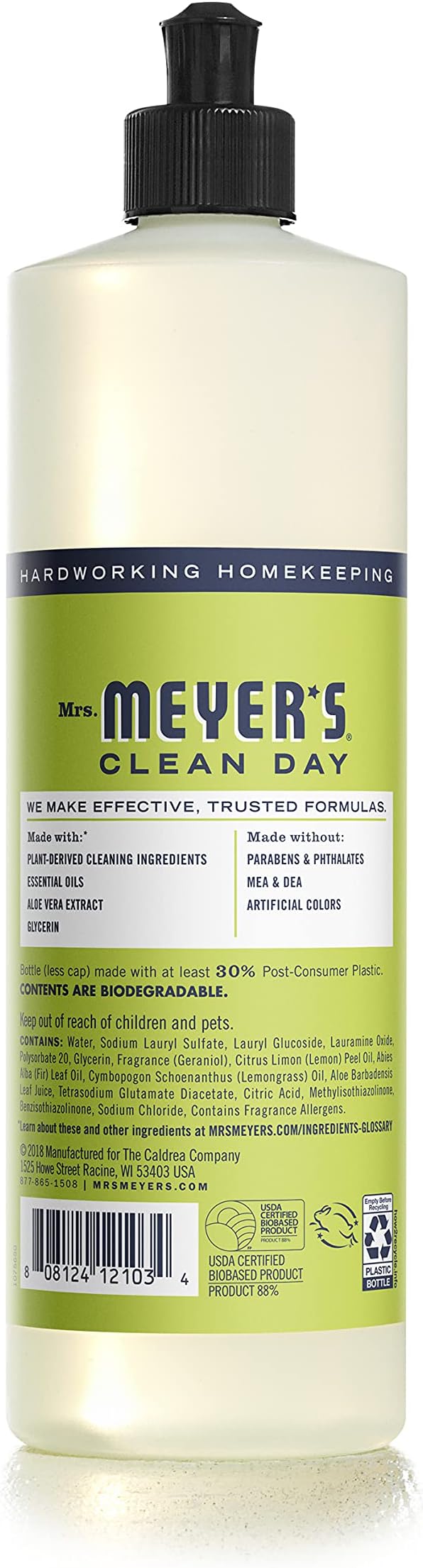 MRS. MEYER'S CLEAN DAY Liquid Dish Soap, Cruelty Free and Non-Toxic, Lemon Verbena Scent, 16 oz- Pack of 6