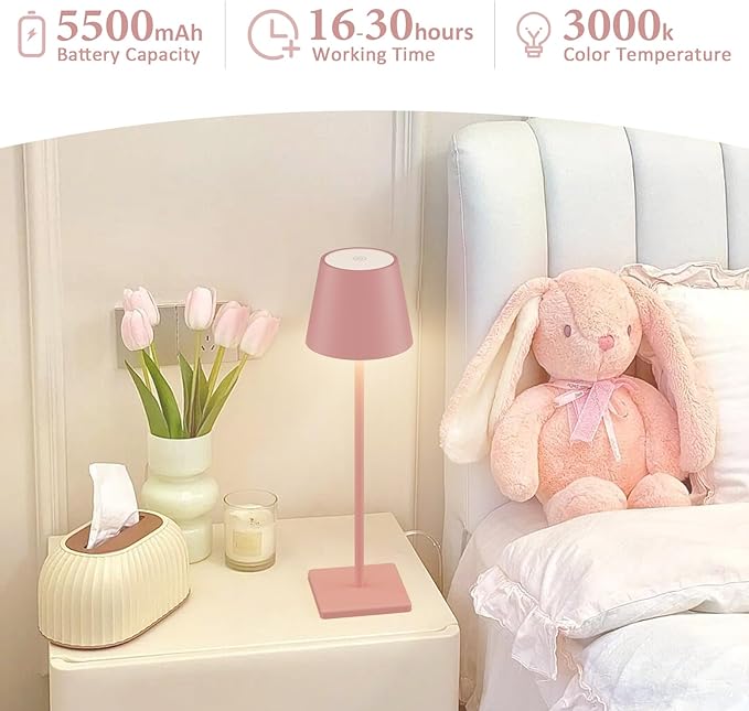 2-Pack LED Cordless Table Lamp, Rechargeable Battery Desk lamp 3W 5500mAh Battery Operated Stepless Dimming Modern Portable Table Light for Restaurant/Bedroom/Outdoor IP54 Waterproof (Pink)