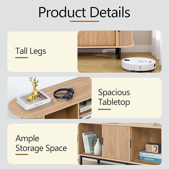 63" Fluted TV Stand for 65/70 Inch TV, Mid Century Modern TV Console with Sliding Doors, Curved Gaming Entertainment Center, Media Console for Living Room, Bedroom (Natural, 63inch-4doors)