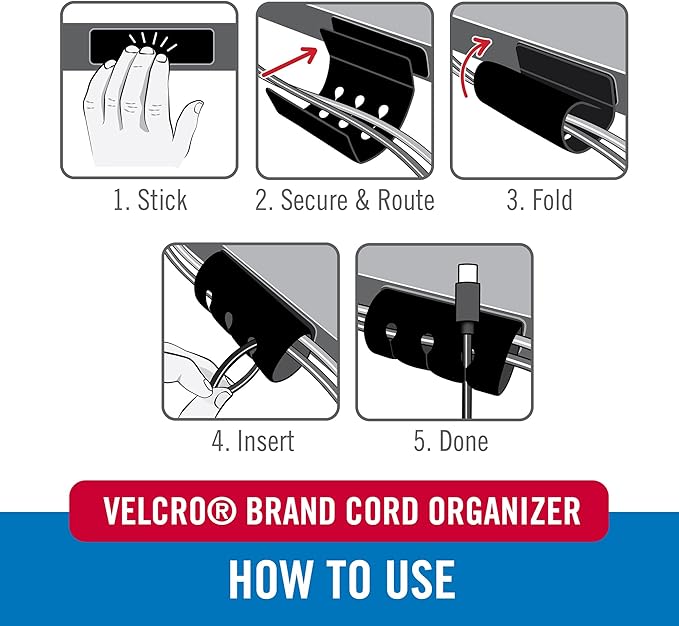 VELCRO Brand Cord Organizer for Desk & Nightstand, 5 Cable Slots with Sleeve Routing, Adhesive Wire Holder for Cord Management, Home, Workshop, Gaming & Office Essentials, Black 2 Pack