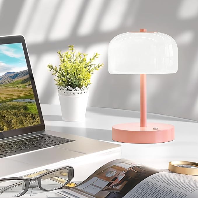 Oneach Portable Cordless Table Lamp, Rechargeable Battery Powered Lamp with Opal Glass Shade, 3-Way Dimmable LED Touch Mushroom Table Lamp for Bedroom, Bedside, Living Room, Dining Room, Patio, Pink