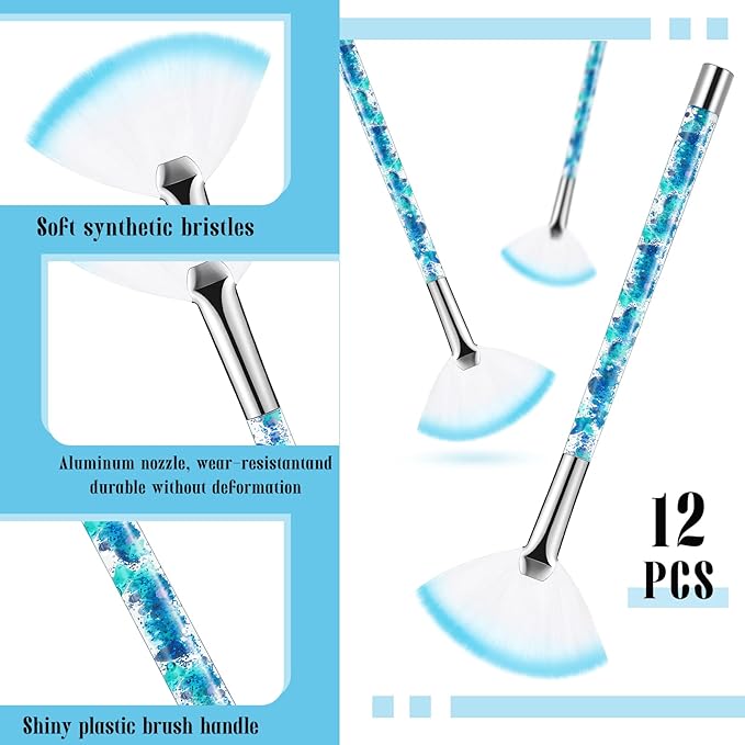 12 Pcs Fan Brushes for Facial Mask Brushes with Glitter Quicksand Handle Cosmetic Facial Fan Brush Soft Facial Mask Brush Applicator Facial Peel Applicator Face Mask Tools with Pouch (Blue)