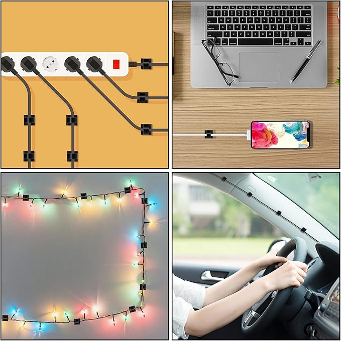 200 Pcs Cable Clips, Adhesive Cable Organizer Cord Holder Wire Clip Wire Management Self Adhesive Hooks Wire Holder for Office, Home, Black