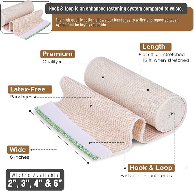 Premium Elastic Bandage Wrap (6” Wide, 2 Pack) - Nexskin Latex Free Athletic/Medical Compression Bandages Hook & Loop Fasteners at Both Ends - Lifetime Washable & Reusable Bandages