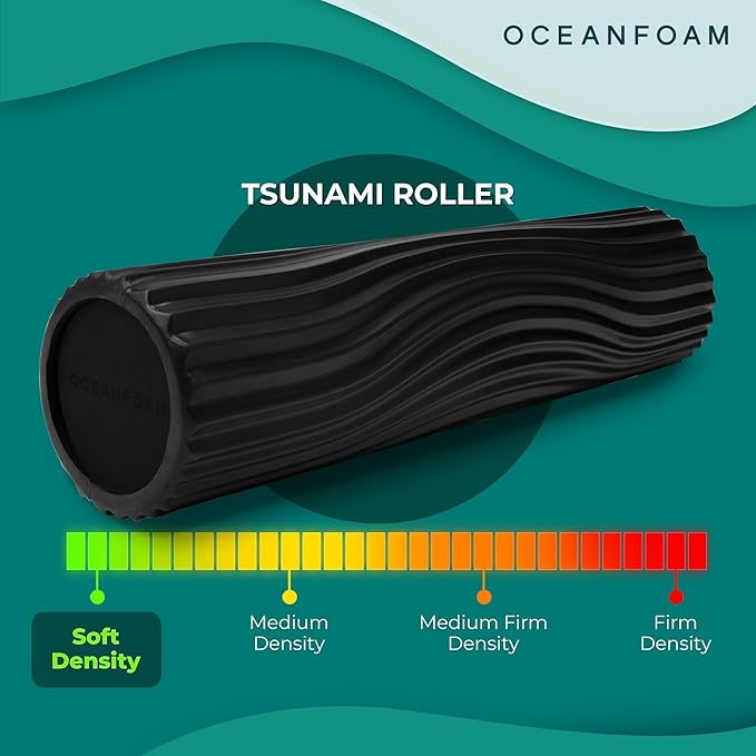 Oceanfoam Tsunami Roller (Black) - Soft, Textured Foam Roller for Physical Therapy, Back Pain, Excercise & Stretching - Wave Textured - Yoga, Athletics, & Wellness - Extra-Large, 26" x 5.9"