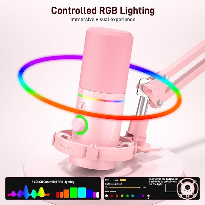 MAONO XLR/USB Dynamic Microphone Kit, RGB Gaming Mic with Software, Mute, Gain Knob, Volume Control, Boom Arm for Streaming, Podcasting, Voice-Over, Recording-PD200XS Pink