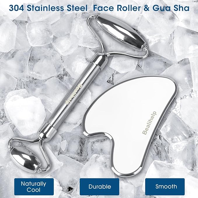 Face Roller & Gua Sha, Stainless Steel Facial Roller and Gua Sha Tool for Face, Skin Care, Anti-Aging, and Lifting