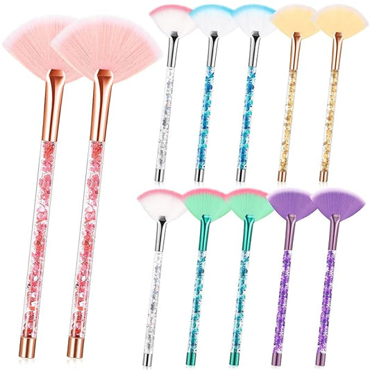 12 Pcs Fan Brushes for Facial Mask, Peel Applicator - Soft Cosmetic Facial Fan Brush with Glitter Quicksand Handle - Face Mask Tools with Pouch (Colorful)