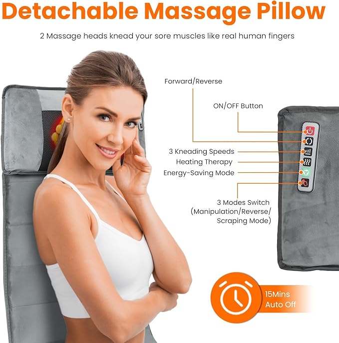 Full Body Massage Mat with Heat, Electric Vibration Back Massage Pad with Shiatsu Detachable Neck Massage Pillow for Pain Relief, 10 Vibration Motors, 3 Heating Levels, Gifts for Men, Women