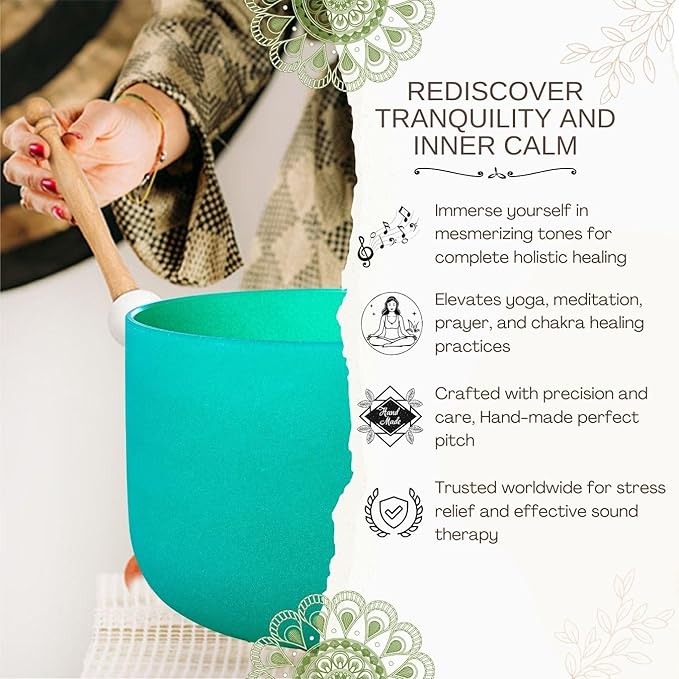 Green F Note Heart Chakra 8 inch Quartz Crystal Singing Bowl, for Healing Mindfulness Meditation Yoga Sound Baths, with Case Rubber Mallet