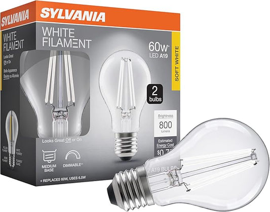 Sylvania A19 Clear LED White Filament Bulb, 6.5W, Dimmable, 800 LMS, Medium Base, 2700K, Soft White - 2 Pack (42170)
