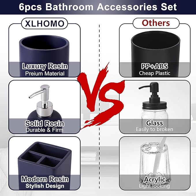 Resin 6 Pcs Navy Blue Bathroom Set Complete with Toothbrush Holder, Lotion Soap Dispenser, 2 Qtip Holder Dispensers,Vanity Tray,Bathroom Tumbler - Countertop Vanity Organizer - Bathroom Accessories