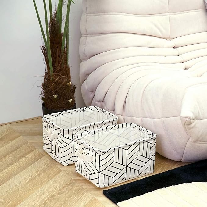 CROWNED 6 Pcs Storage Basket Foldable Cube Fabric Bins Square Mini Box Receive Organizer Rectangle Canvas with Handles for Home Office Books Small 11x8x6.3 inch White