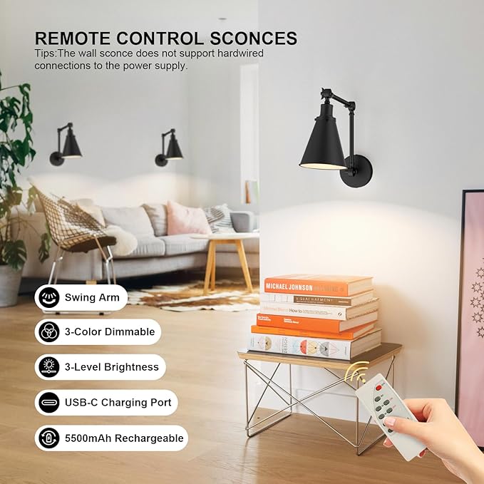 2-Pack Battery Operated Swing Arm Led Wall Sconces with Remote & 5500mAh Rechargeale Light Bulbs, 3-Color Dimmable Indoor Non-Hardwired Metal Wall Light for Bedroom Living Room Kitchen(Black)