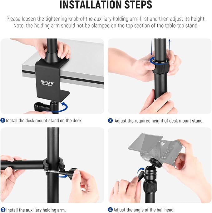 NEEWER Desk Stand with 2 Telescopic Boom Arms Phone Holder for Mic Camera Webcam Ring Light, Desktop Overhead Microphone Mount with C Clamp, Ball Heads, Screw Adapter, Cleaning Cloth, TL253A+DS001