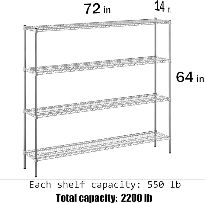 14" Deep x 72" Wide x 64" Height Wire Shelving Kit | 4-Tier | NSF Commercial Storage Rack Unit