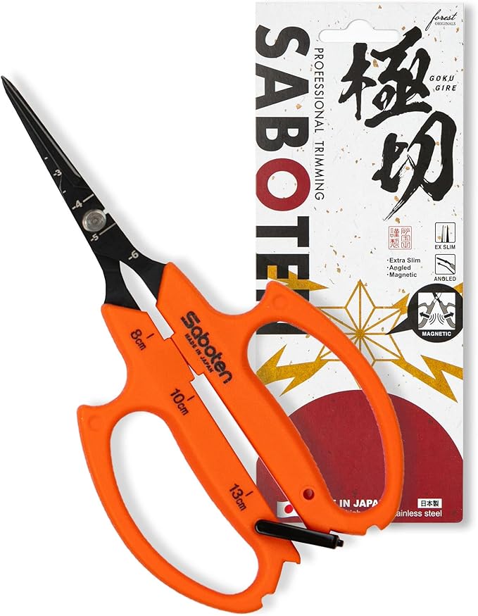 Saboten Japan 6.3" Automatic Japanese Harvesting Shears - Fine-Tipped Angled Blade, Magnetic Springless Action, Stainless Steel with Fluorine Coating, Ergonomic Grip - forest Originals, Made in Japan