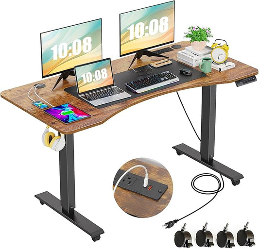 farexon 55 x 24 inch Standing Desk Electric Adjustable Height with Charging Station, Stand up Desk with Oversized Mouse Pad, Ergonomic Curved Workstation, 4 Caster, 4 Preset Heights Easy to Set（Brown