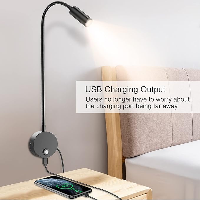ERAY Plug-in LED Wall Mount Reading Light with 15" Flexible Gooseneck & USB Charging Port Dimmable Focused Bedside Reading Lights Black-1 Pack