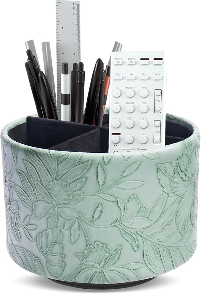 Hennaja Round Leather Art Supply Organizer,Remote Control Holder,360 Degree Spinning,Multi-Functional Pencil Holder,4 Compartments Desktop Stationary Organizer(1-Carved Dark Green)