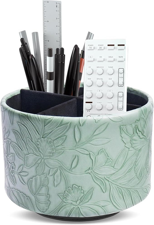 Hennaja Round Leather Art Supply Organizer,Remote Control Holder,360 Degree Spinning,Multi-Functional Pencil Holder,4 Compartments Desktop Stationary Organizer(1-Carved Dark Green)