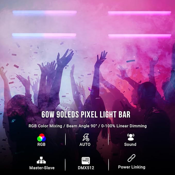 LED Stage Pixel Light Bar - 2Pack 60W 90LED RGB DJ Light Bars Seamless Splicing with 67 Chase Programs & 37 Static Colors by DMX Control Uplight for Events Stage Dance Club Party