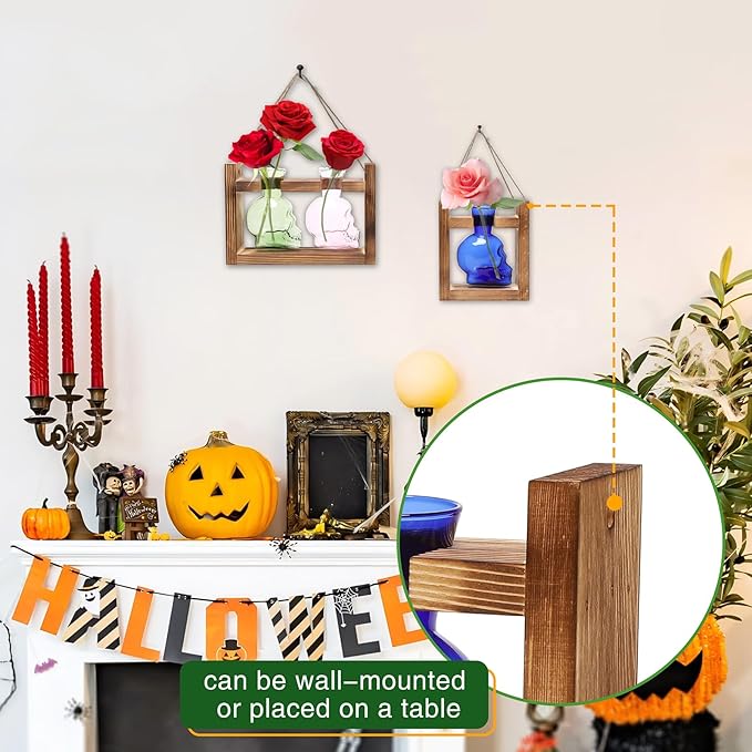 2+1 Plant Terrarium Plant Propagation Station Gifts for Father Halloween Skull Home Office Decor with Wooden Stand
