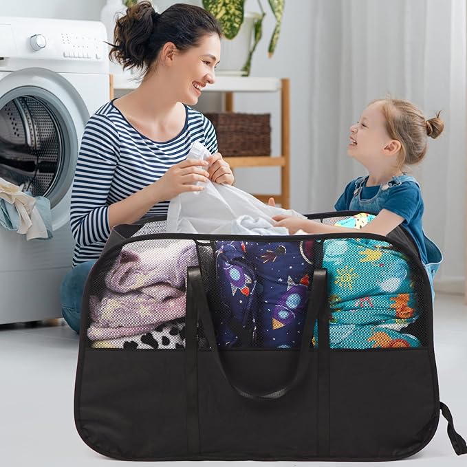 Collapsible Laundry Baskets with 3 Compartment, 150L Tear-proof Pop Up Hamper, Foldable Laundry Basket with Tote Handles, Dirty Clothes Hamper for Laundry, Bedroom, Bathroom, Dorm Black