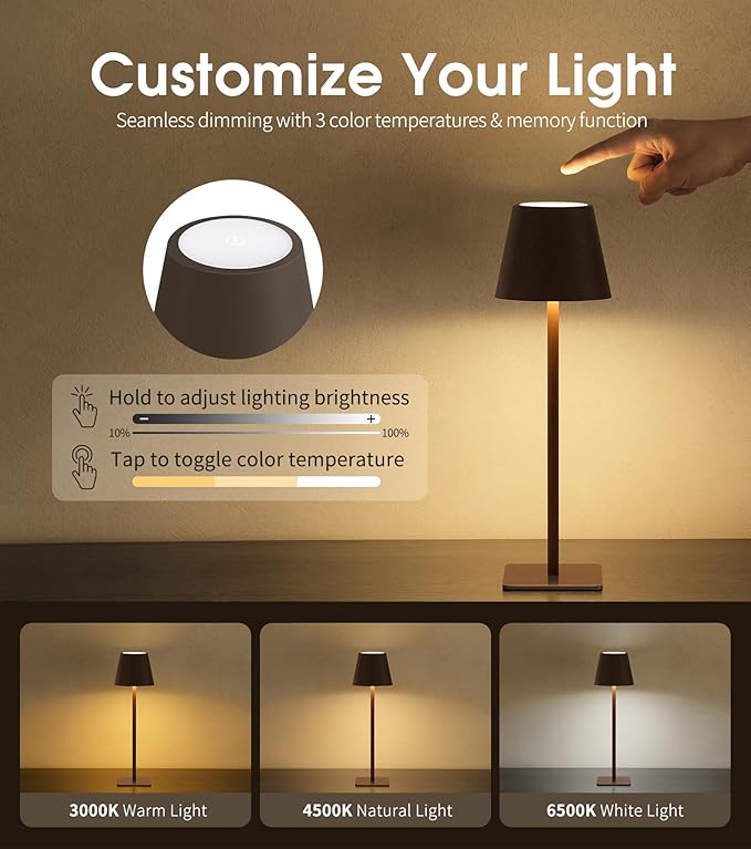 UME 3 Pack Cordless Table Lamp, Battery Operated Lamp - Portable Waterproof Rechargeable Table Lamp w/ 3 Color Temps & Stepless Dimming for Dinner, Desk, Cafe, Outdoor (Matte Brown)