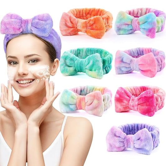 UMIKU 7 Pack Spa Headband for Women Facial Makeup Headband Soft Coral Fleece Bow Hair Band Head Wrap for Washing Face Mask Party Favors Christmas Gifts Stocking Stuffers Adult Spa Gifts for Women