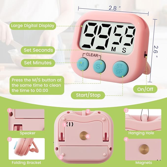 2 Pcs Digital Timer for Kids, Magnetic Countdown Kitchen Timer, Upgrade Loud Alarm Timers for Cooking, Kitchen, Exercise, Work, Study, Classroom, Outdoor Activities, Battery not Including