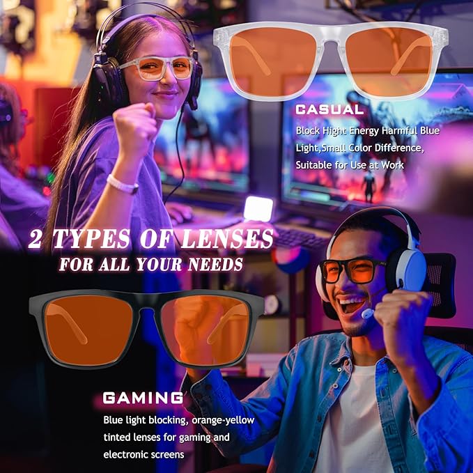 2 pack 99% Blue Light Glasses Men Woman, Computer Gaming Glasses Men, Blue Ray Filtering Amber Lens Anti Eye Strain