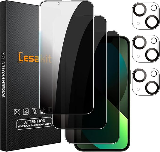 3+3 Pack Privacy Screen Protector for iPhone 13 6.1-Inch with 3 Pack Camera Lens Protector, Anti Spy Tempered Glass Film 9H Hardness Bubble Free Case Friendly