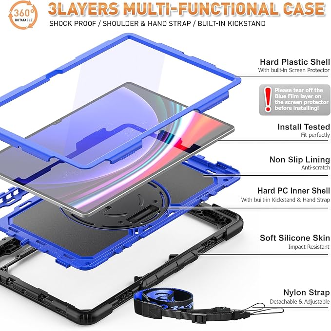 Timecity Case for Samsung Galaxy Tab S10 Ultra/ S9 Ultra/ S8 Ultra Tablet Case 14.6''- Heavy Duty Protective Cover with Screen Protector, Stand, Shoulder Strap & S Pen Holder | Kids-Friendly, Blue