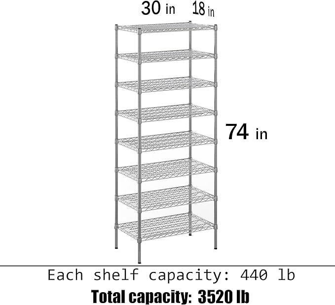 18" Deep x 30" Wide x 74" Height Wire Shelving Kit | 8-Tier | NSF Commercial Storage Rack Unit