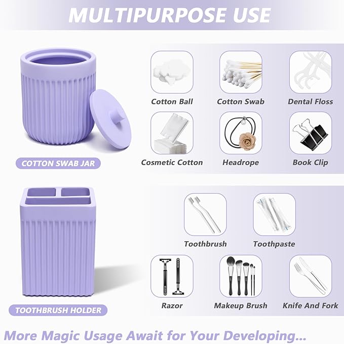 Resin Light Purple Bathroom Accessories Set 5 Pcs, Lotion Soap Dispenser, Toothbrush Holder, Bathroom Tumbler, Qtip Holder and Vanity Tray, Bathroom Countertop Organizer Set for Home Apartment