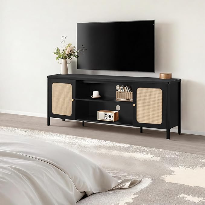 Rattan TV Stand for TVs up to 75'' Boho Entertainment Center with Adjustable Shelf Television Stand with 2 Storage Cabinets Media Console Wooden TV Cabinet for Living Room Bedroom,Black