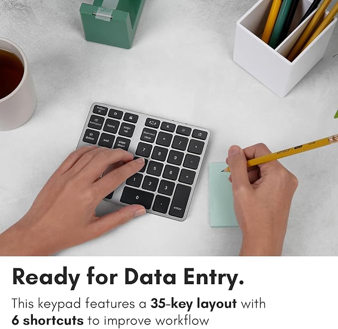 Macally Bluetooth Number Pad for Laptop - Slim Aluminum Design - Rechargeable Wireless Numeric Keypad - 35 Key Numpad Keyboard for Data Entry - for Mac, MacBook Pro/Air, iPad, iPhone, iOS, PC, Android