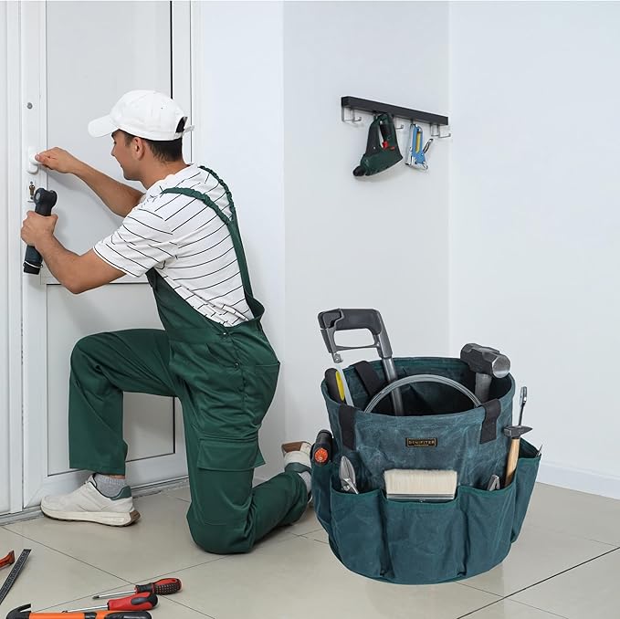 Heavy Duty Waxed Canvas Gardening Tote Bag - 14-Inch Water-Resistant Tool Organizer with 8 Pockets | Multi-Compartment Storage Solution for Pruning Shears, Gloves, and Small Tools (DarkGreen)