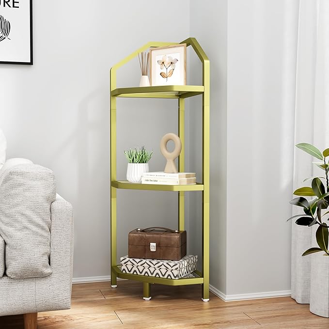 3-Tier Corner Shelf Stand, Gold Corner Bookshelf, Bathroom Storage Rack Shelf, Plant Rack, Tempered Glass, Steel Frame, Modern Style for Living Room, Bathroom, Kitchen, Metallic Gold
