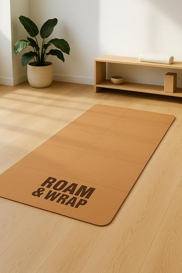 Roam & Wrap Foldable Cork Yoga Mat – Compact 14-Panel Travel Mat, Lightweight & Easy to Carry, Fits in Bag with Carry Pouch, Non-Slip Cork top & TPE bottom, Cotton Bag Included (4mm)