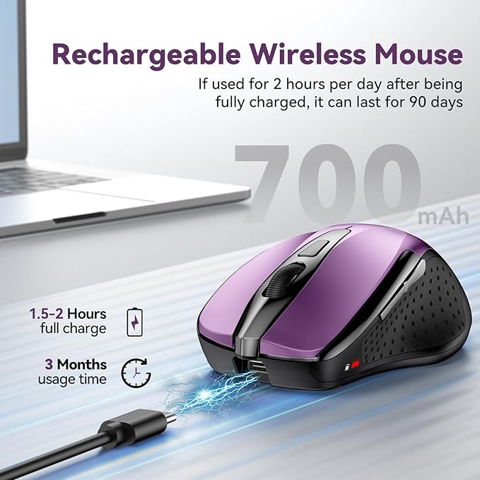 TechRise Bluetooth Mouse (BT5.0/3.0 & 2.4G) Rechargeable Wireless Mouse, 4800 DPI Optical Tracking, 6 Adjustable DPI, 2.4GHz with USB A Receiver, Quiet Clicks, Ergonomic Grips, 6 Buttons - Purple