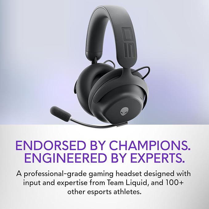 Alienware Pro Wireless Gaming Headset - Wired/Wireless, Bluetooth 5.3, 15 Minute Fast Charging, Audio Output 20 Hz, Battery Talk Time (ANC on) Up to 24 Hrs (Bluetooth), Dark Side of The Moon