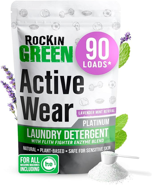 Rockin' Green Laundry Detergent, Plant based, All Natural Laundry Detergent Powder, Vegan and Biodegradable Odor Fighter, Safe for Sensitive Skin (Active Wear 90 Loads - Lavender Mint)