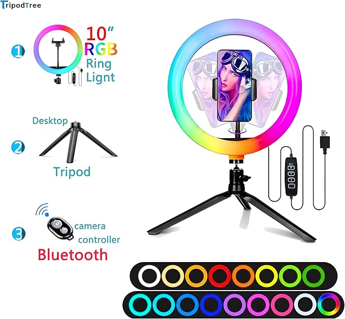 10" Selfie Ring Light with 4" Desktop Tripod Stand & 1 Phone Holder, LED Ringlight with Dimmable Modes(RGB) for Makeup/Photography/Videos/Vlog/TikTok (STDLR10-V2)