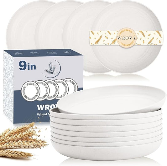 Wheat Straw Plates - 9 Inch Unbreakable Dinner Plates Set of 8 - Dishwasher & Microwave Safe Plastic Plates Reusable for Kitchen and Camping (white)